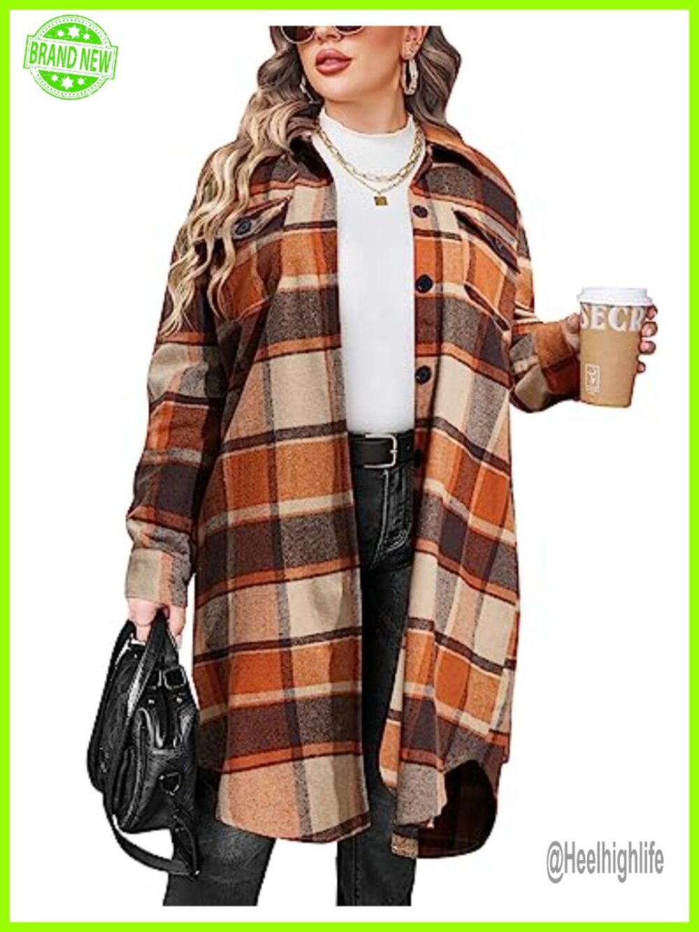 Womens Plus Size Flannel Plaid Shacket Button Down Long Sleeve Midi Shirt